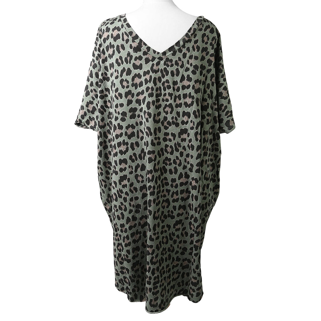 Nova of London Off Shoulder Leopard Print V-Neck Oversized Dress  in Khaki (Length 92cm) (Size up to 20)
