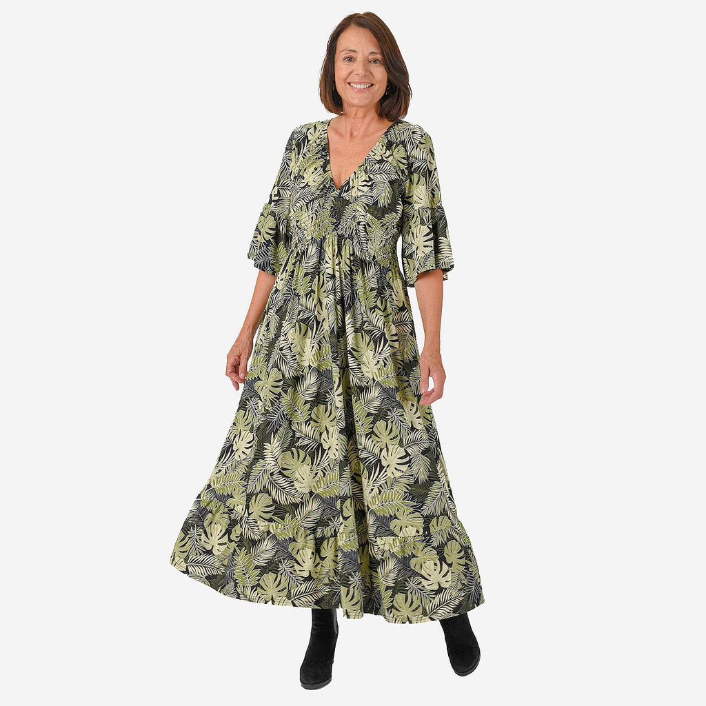 Nova of London Palm Leaf Printed Shirred Waist Stretch Midi Dress (Size L) - Black