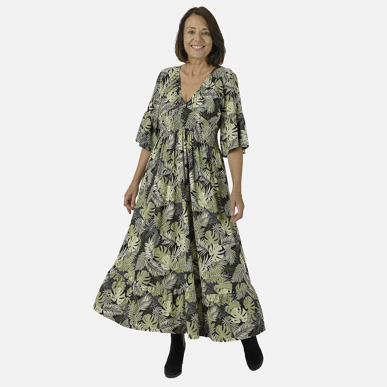 Nova of London Palm Leaf Printed Shirred Waist Stretch Midi Dress (Size L) - Black