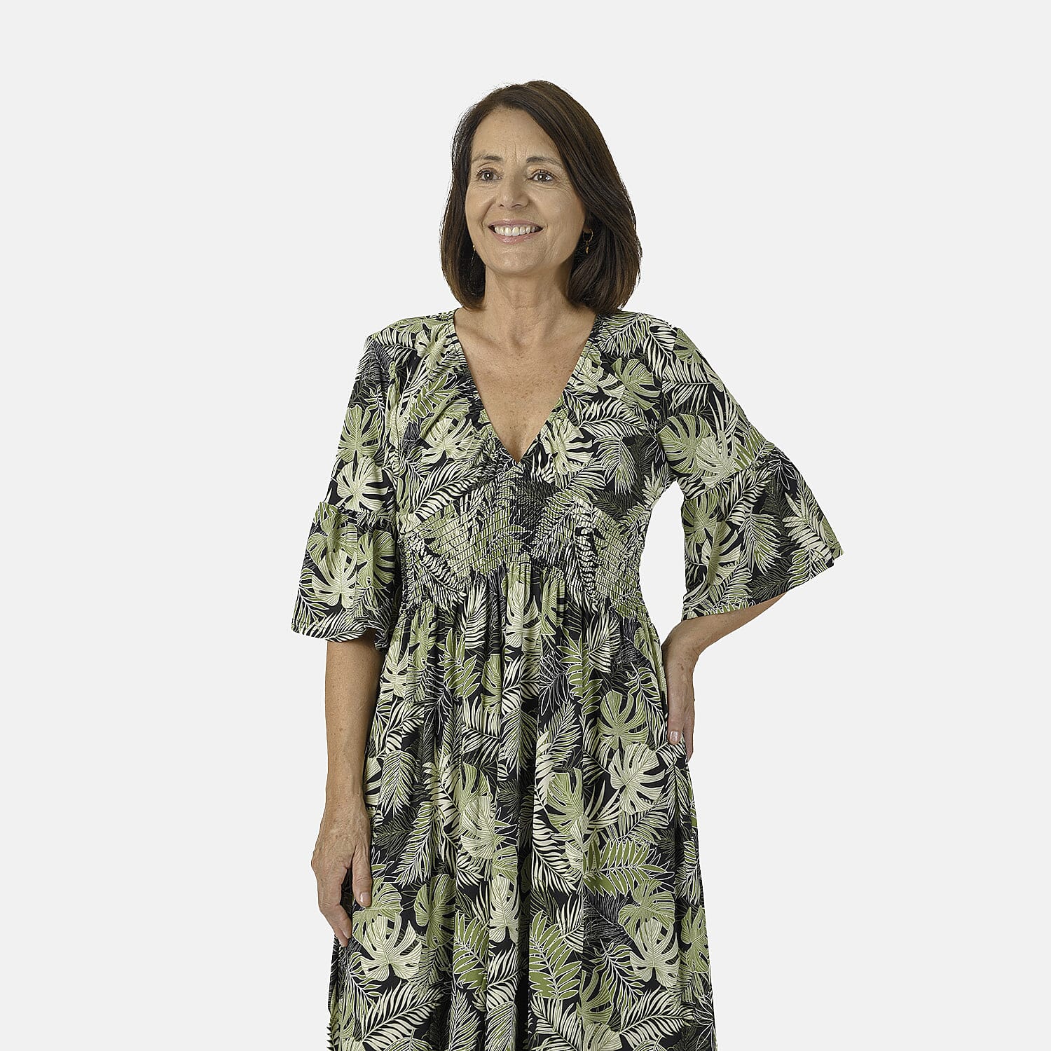 Nova of London Palm Leaf Printed Shirred Waist Stretch Midi Dress (Size L) - Black