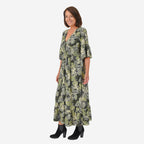 Nova of London Palm Leaf Printed Shirred Waist Stretch Midi Dress (Size L) - Black