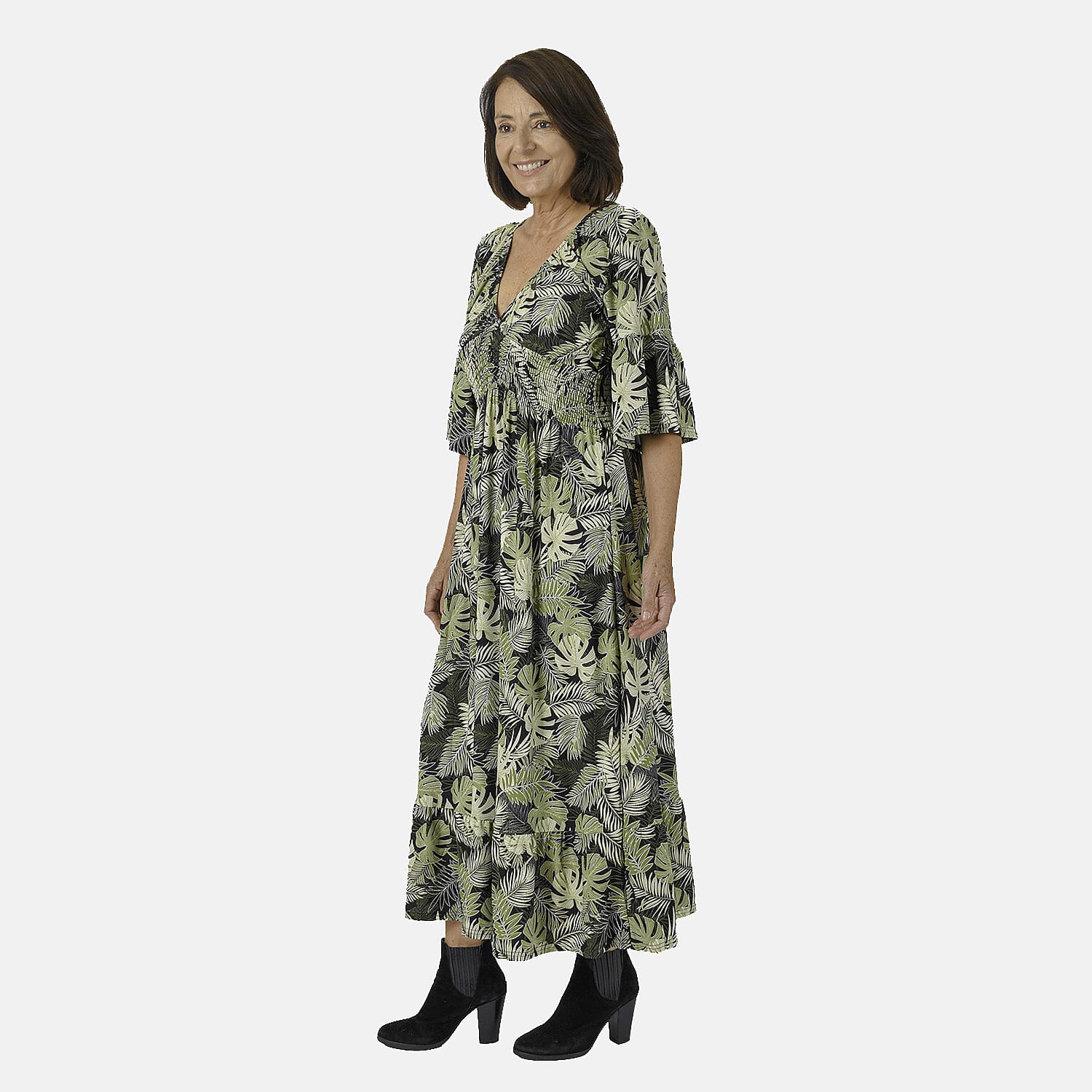 Nova of London Palm Leaf Printed Shirred Waist Stretch Midi Dress (Size L) - Black