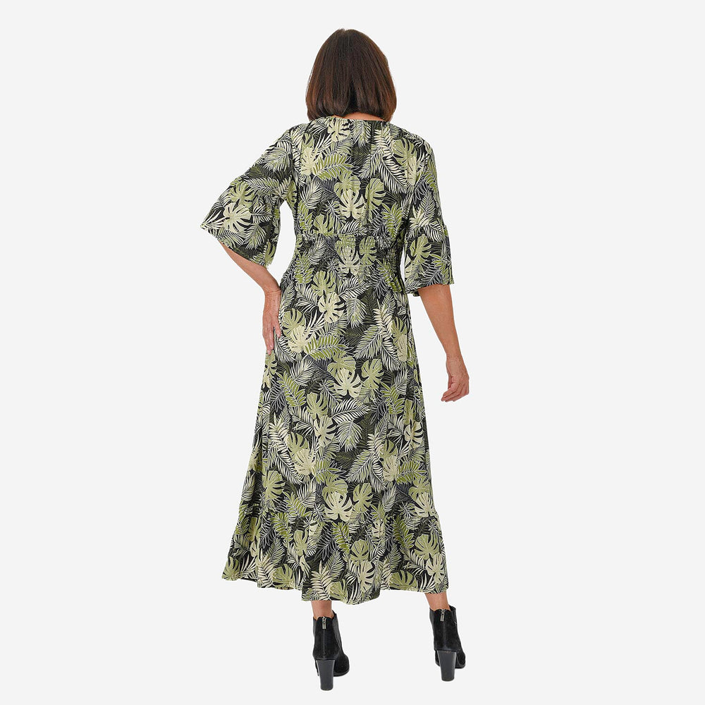 Nova of London Palm Leaf Printed Shirred Waist Stretch Midi Dress (Size L) - Black