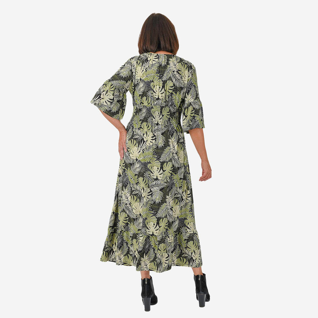 Nova of London Palm Leaf Printed Shirred Waist Stretch Midi Dress (Size L) - Black
