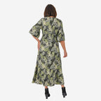 Nova of London Palm Leaf Printed Shirred Waist Stretch Midi Dress (Size L) - Black