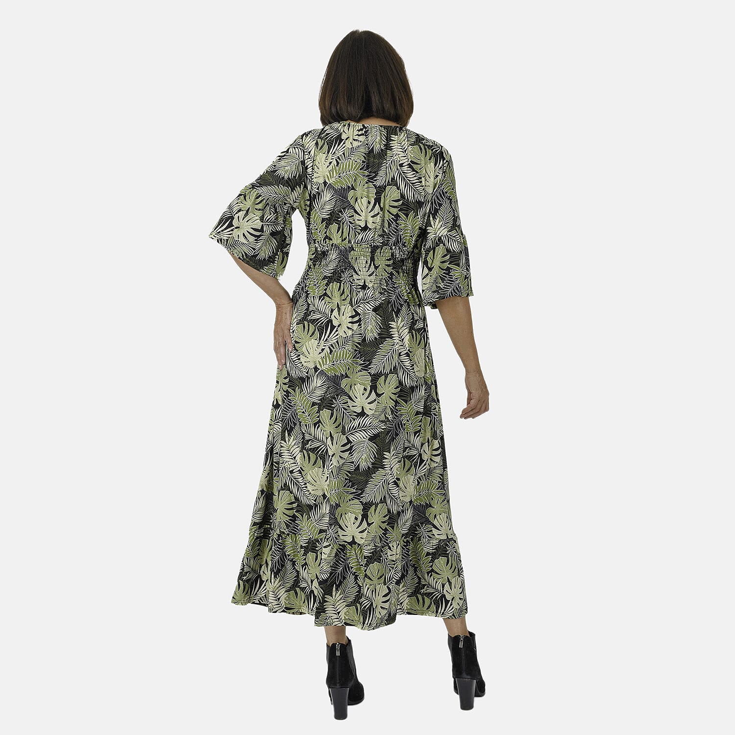 Nova of London Palm Leaf Printed Shirred Waist Stretch Midi Dress (Size L) - Black
