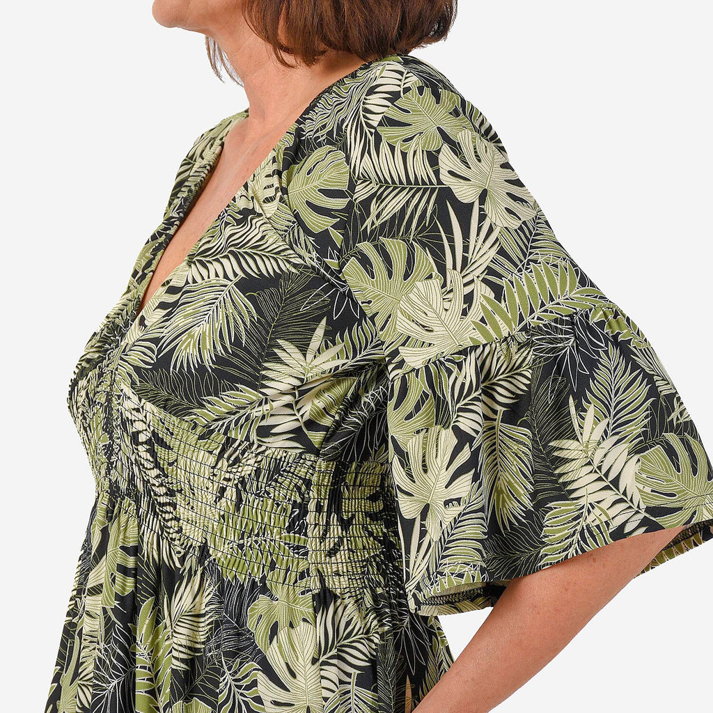 Nova of London Palm Leaf Printed Shirred Waist Stretch Midi Dress (Size L) - Black