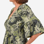 Nova of London Palm Leaf Printed Shirred Waist Stretch Midi Dress (Size L) - Black