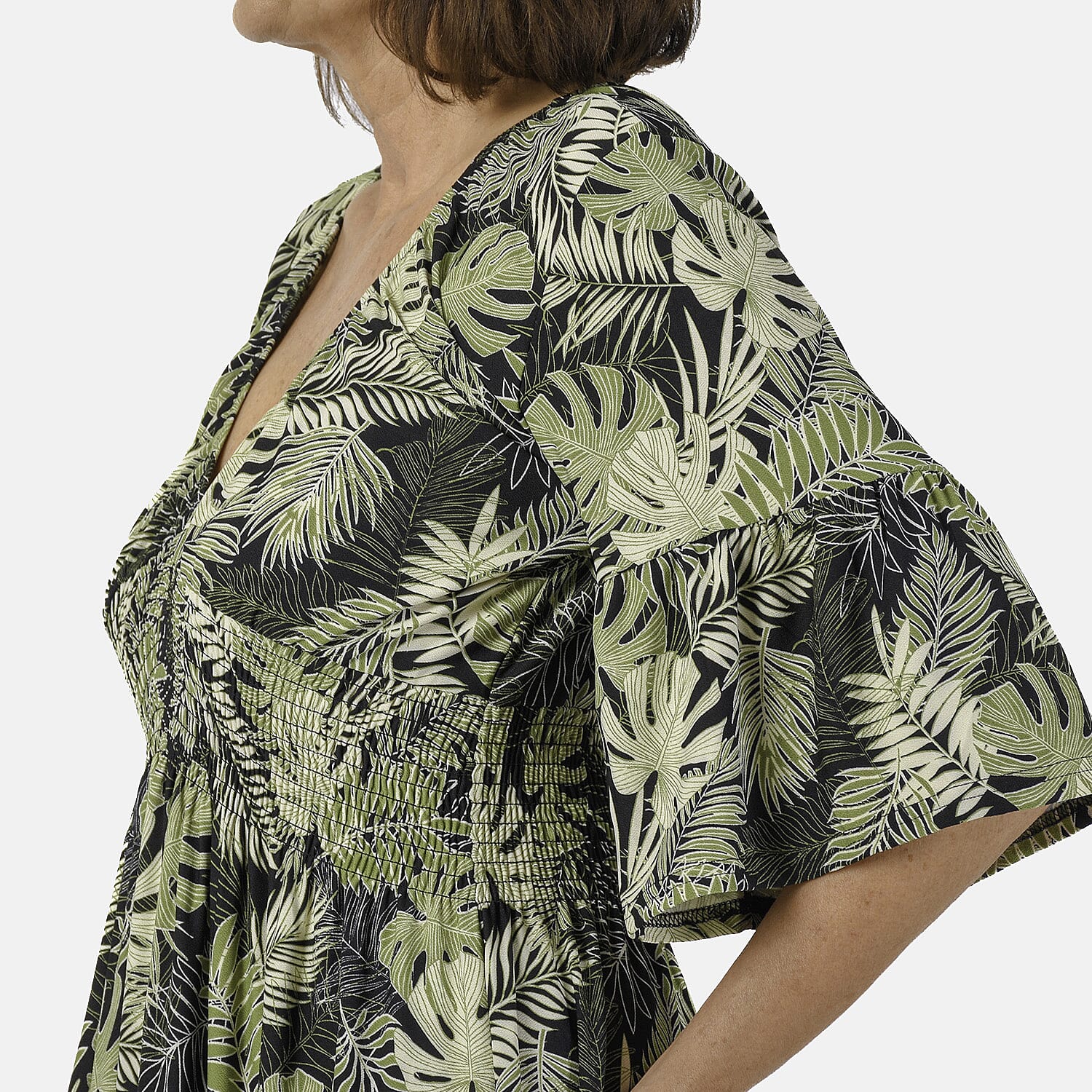 Nova of London Palm Leaf Printed Shirred Waist Stretch Midi Dress (Size L) - Black