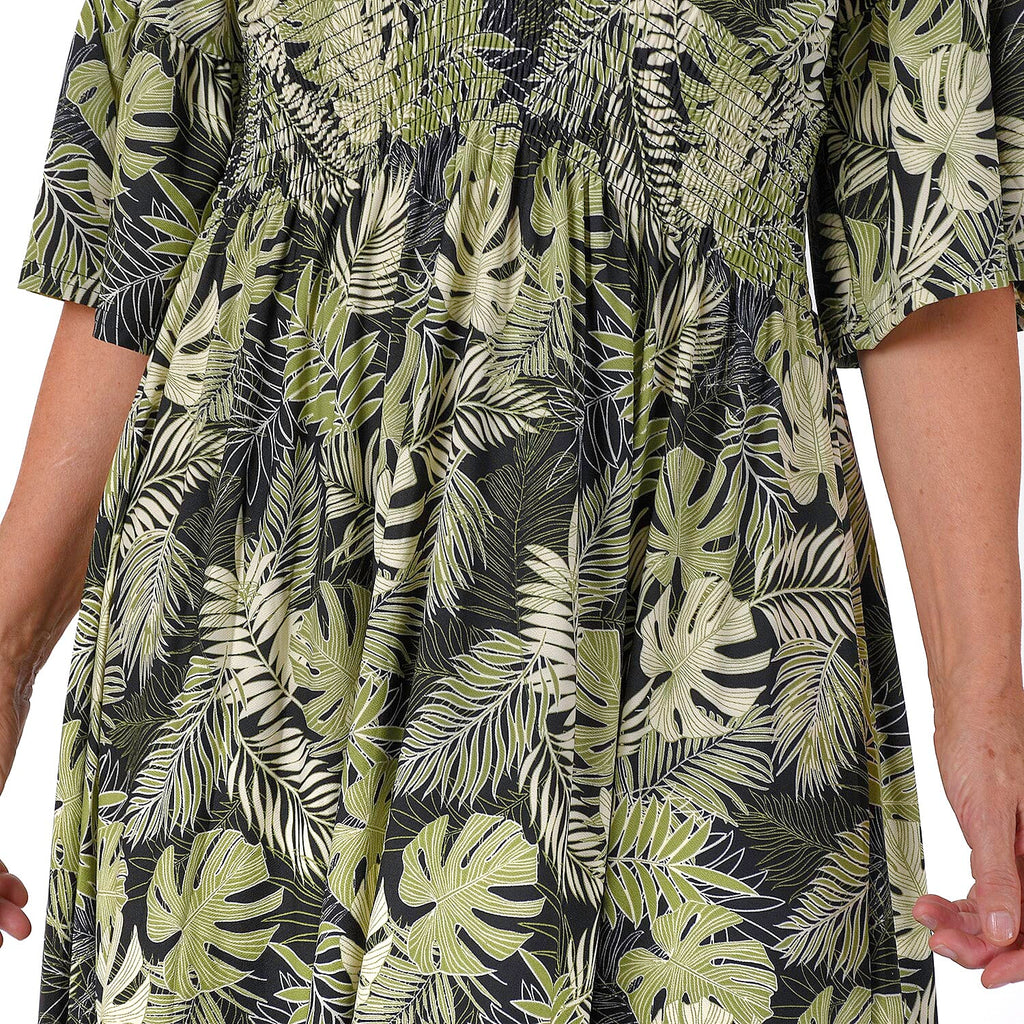 Nova of London Palm Leaf Printed Shirred Waist Stretch Midi Dress (Size L) - Black