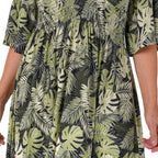 Nova of London Palm Leaf Printed Shirred Waist Stretch Midi Dress (Size L) - Black