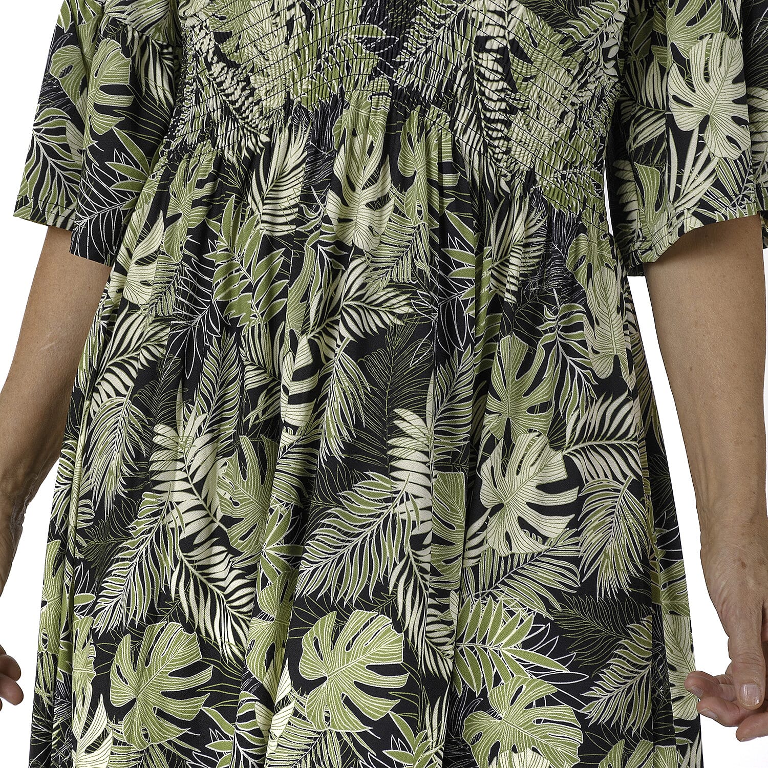 Nova of London Palm Leaf Printed Shirred Waist Stretch Midi Dress (Size L) - Black