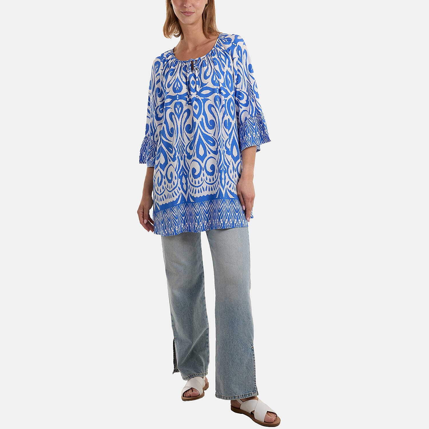 Nova of London Border Printed Top with Frill Sleeves (One Size) - Blue