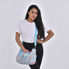 Floral Pattern Crossbody Bag with 4 Exterior Zipped Pockets & Handle Drop - Blue & Multi