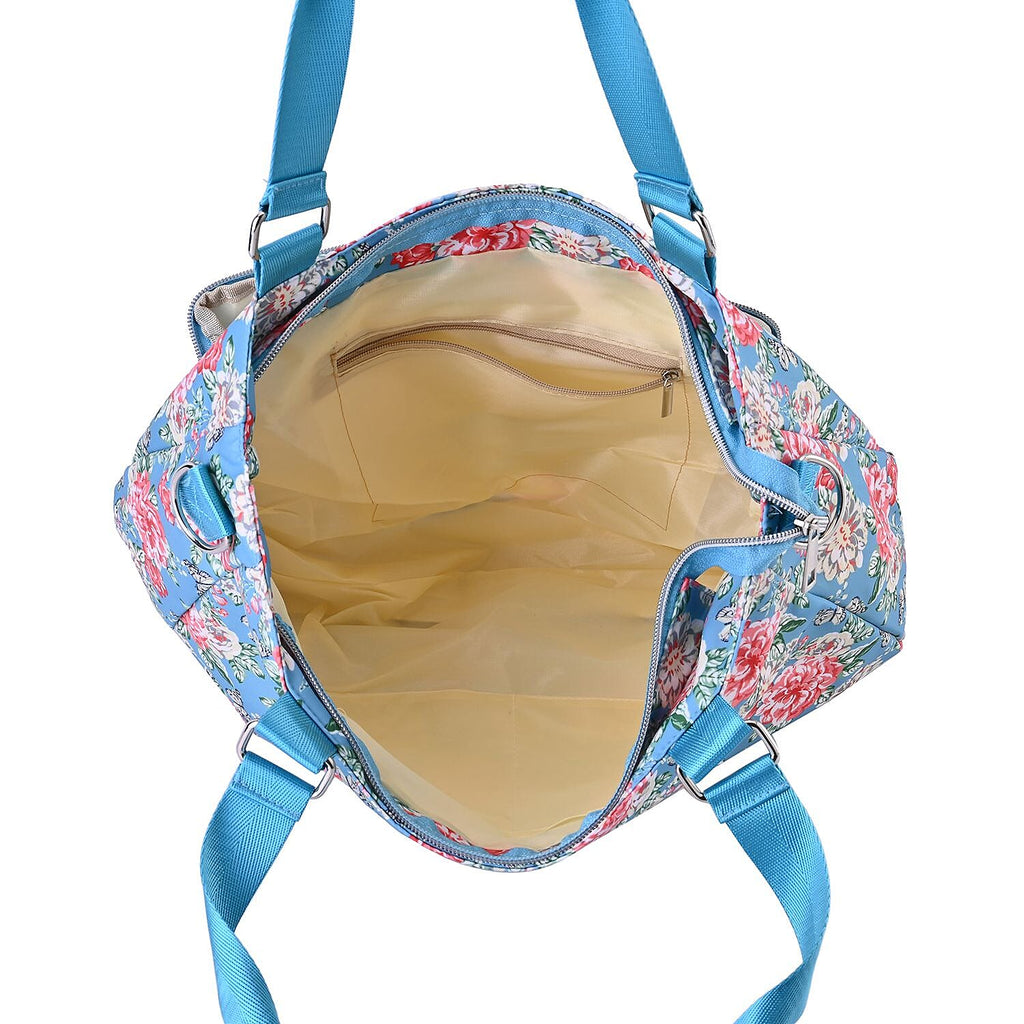 Floral Pattern Crossbody Bag with 4 Exterior Zipped Pockets & Handle Drop - Blue & Multi