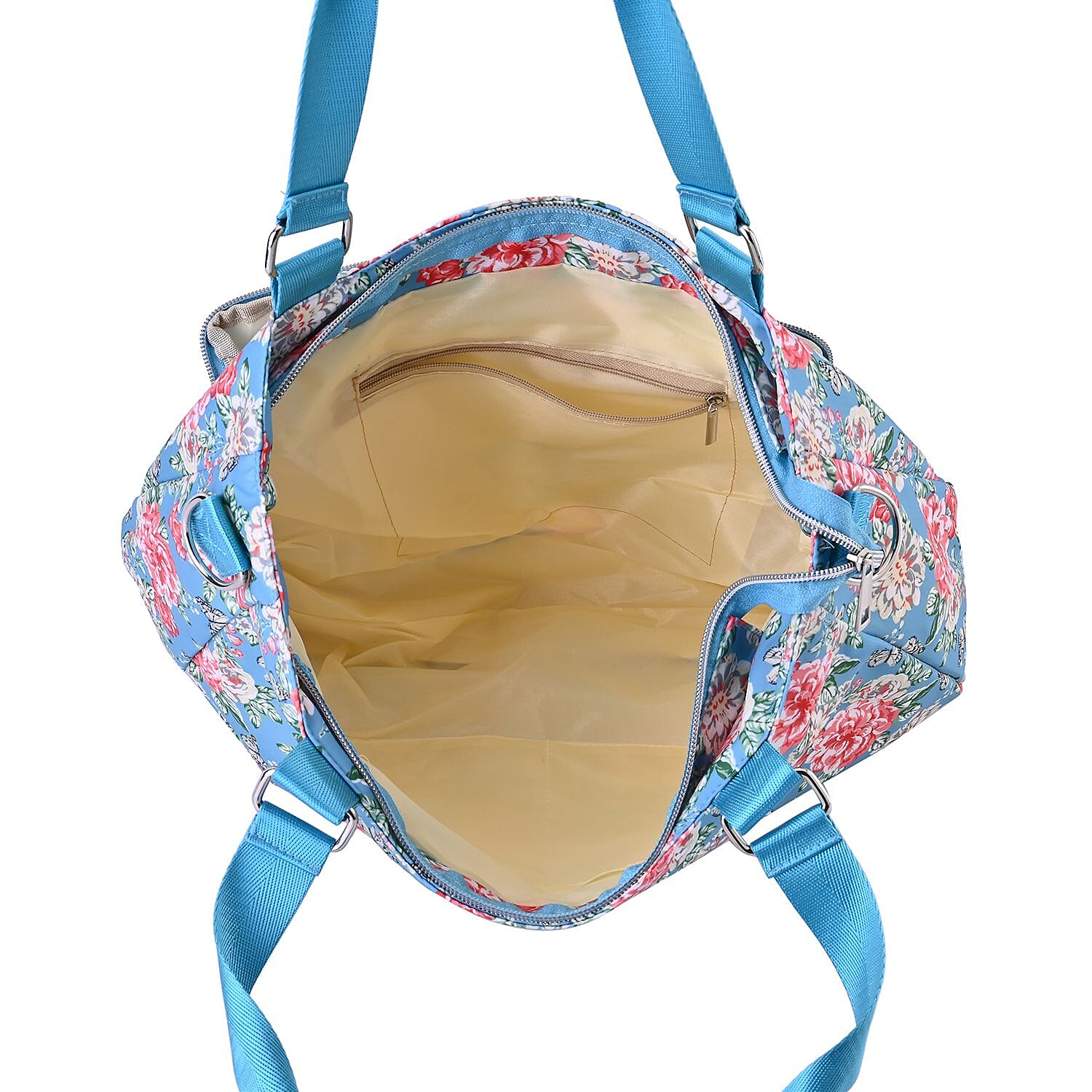 Floral Pattern Crossbody Bag with 4 Exterior Zipped Pockets & Handle Drop - Blue & Multi