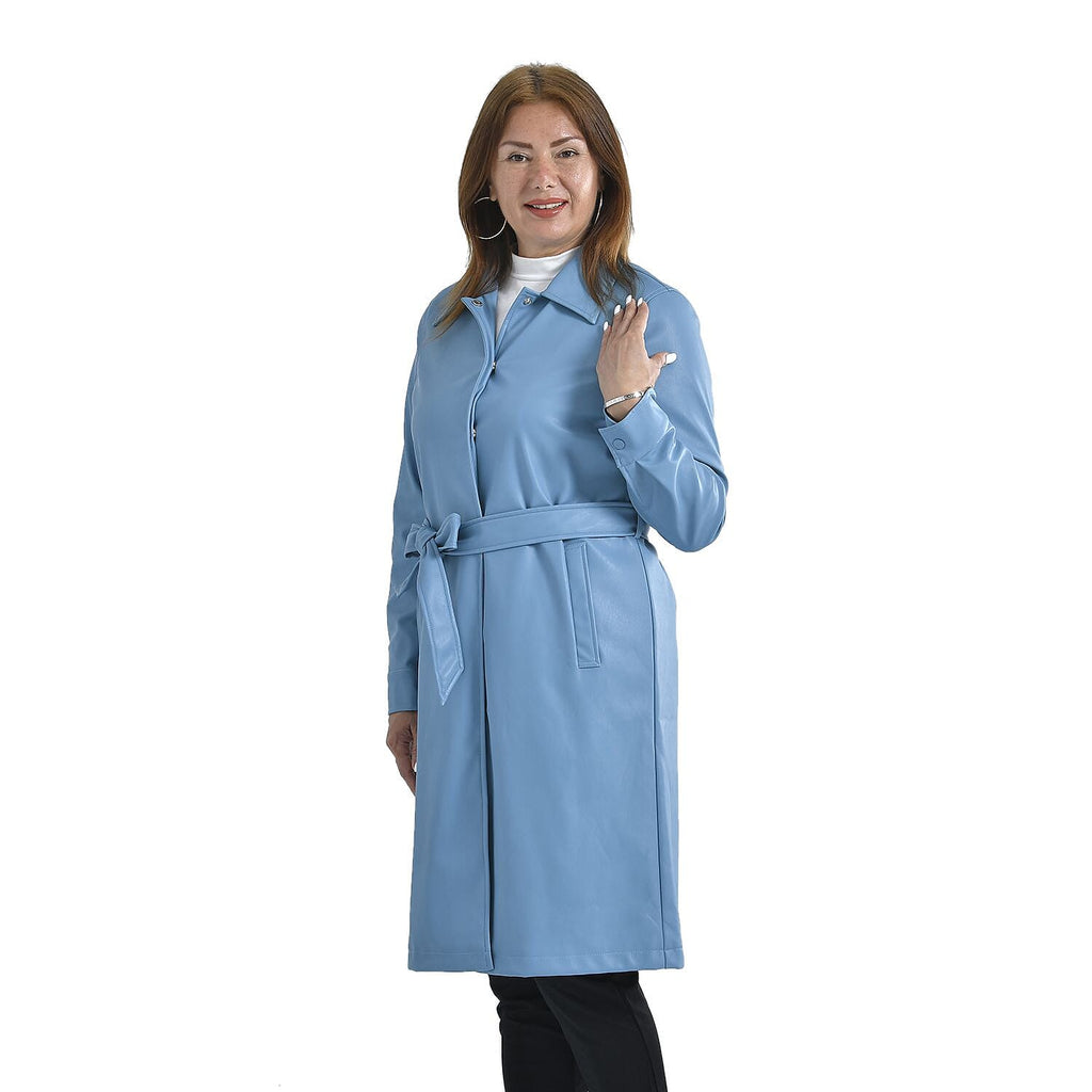 TAMSY Long Coat with Two Pockets and Adjustable Waist Belt (Size XXL,24-26) - Blue