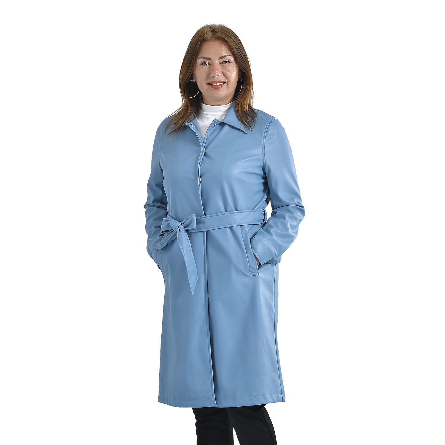 TAMSY Long Coat with Two Pockets and Adjustable Waist Belt (Size XXL,24-26) - Blue