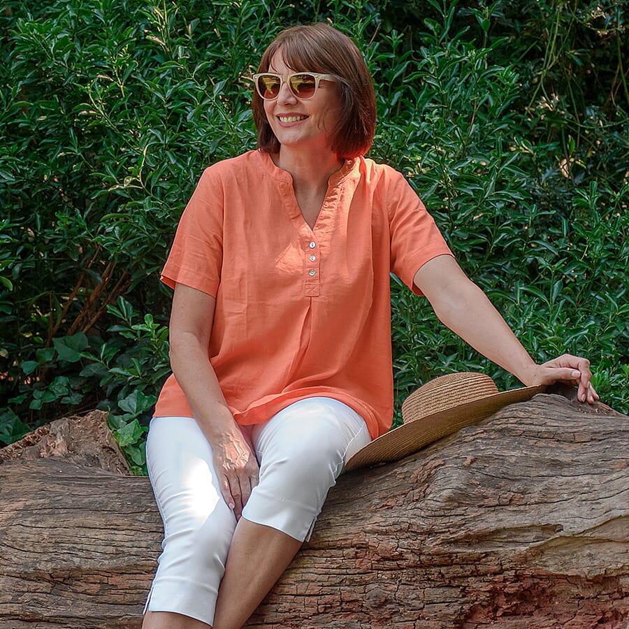 TAMSY Short Sleeves Shirt with Half Placket and Stand Collar (Size XXL,24-26 ) - Orange