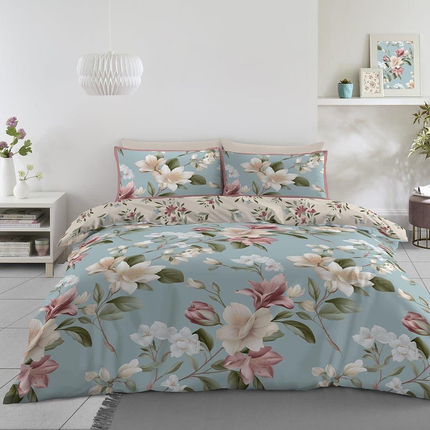 Ocean Floral Bloom Reversible Set of 3 Duvet Cover, 2 Pillowcase and fitted sheet - King