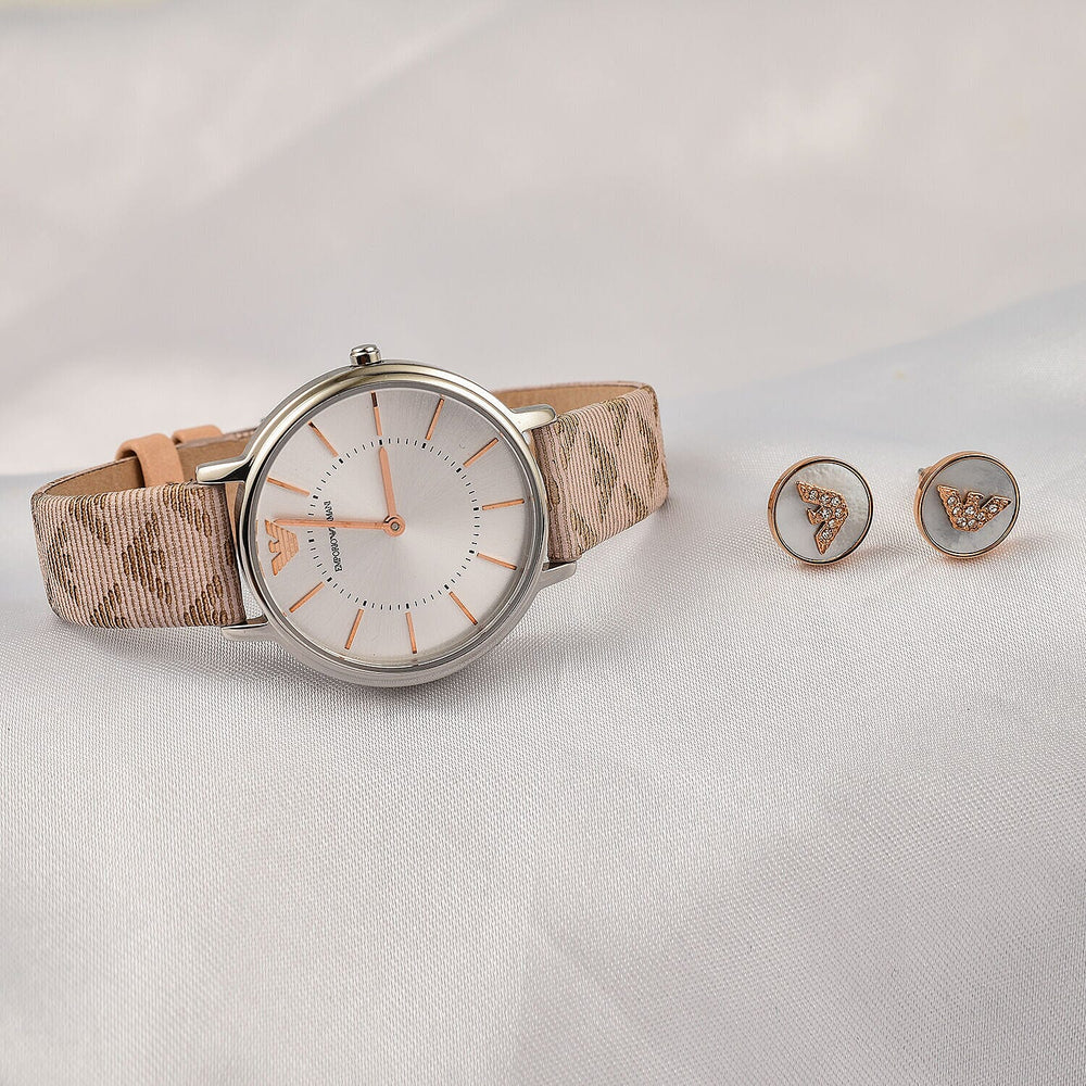 Emporio Armani Ladies Watch with Leather Strap and Stud Earrings