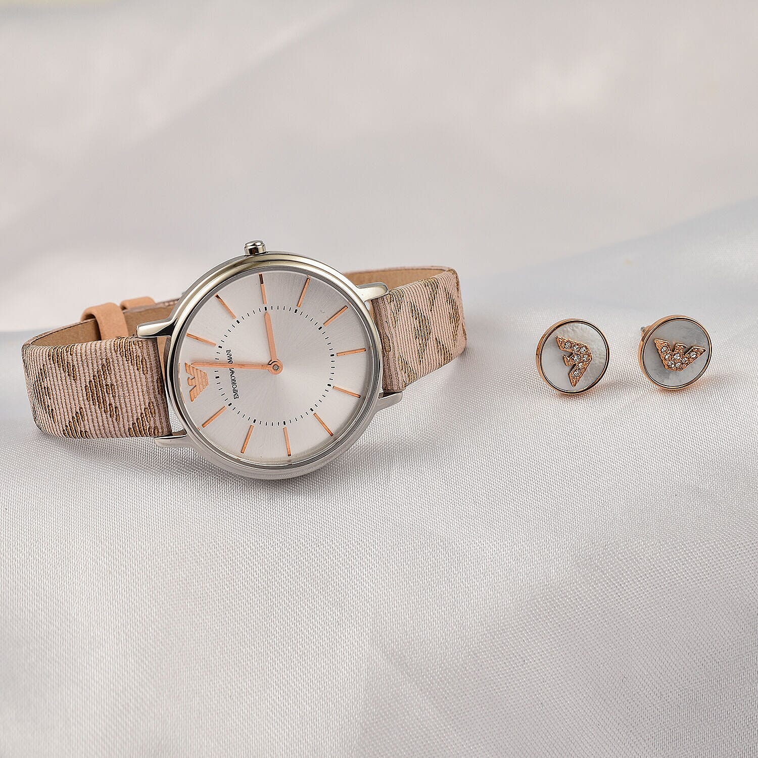 Emporio Armani Ladies Watch with Leather Strap and Stud Earrings