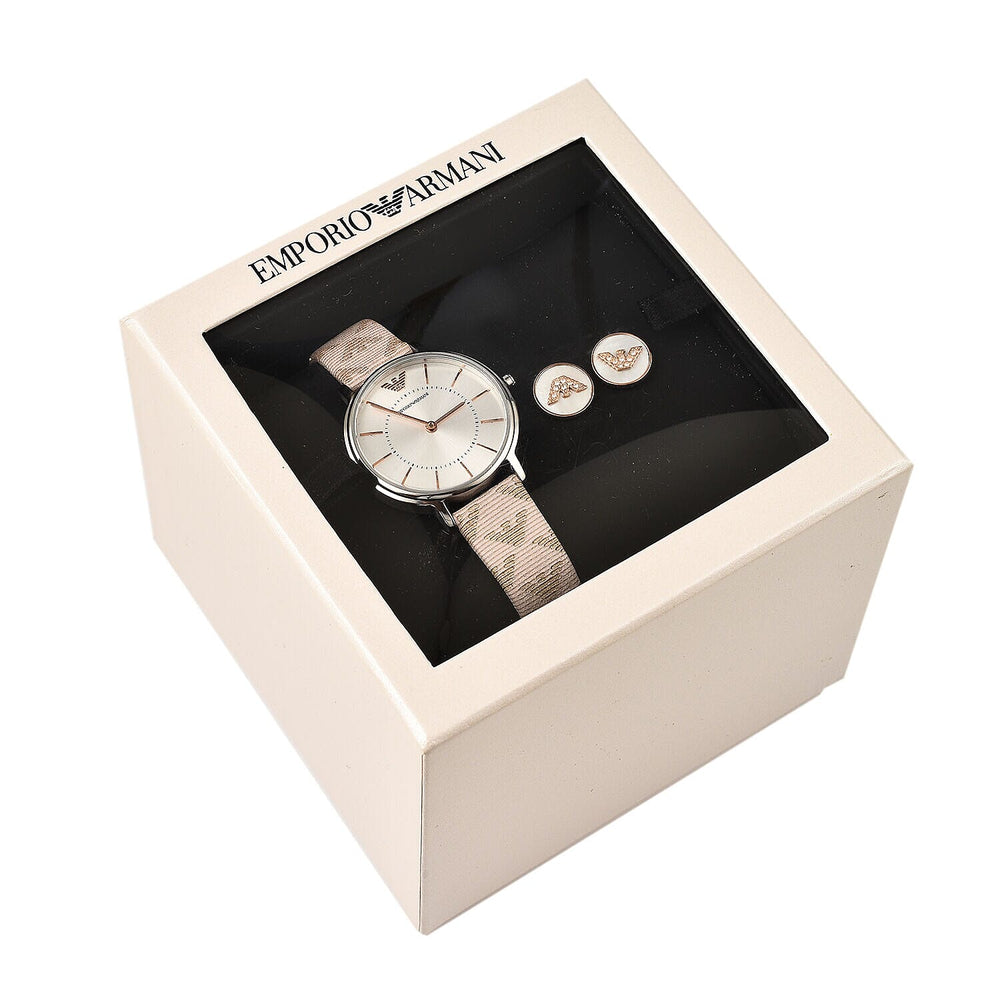 Emporio Armani Ladies Watch with Leather Strap and Stud Earrings
