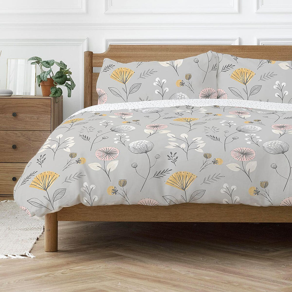 One Time Closeout - Copenhagen Home Olia Floral Printed Duvet Cover Set (Size - King) - Silver