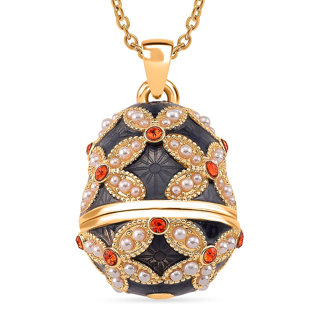 The Luxury Egg Collection - Orange Crystal & Simulated Pearl Egg Pendant with Chain (Size 24-2 Ext) - Grey