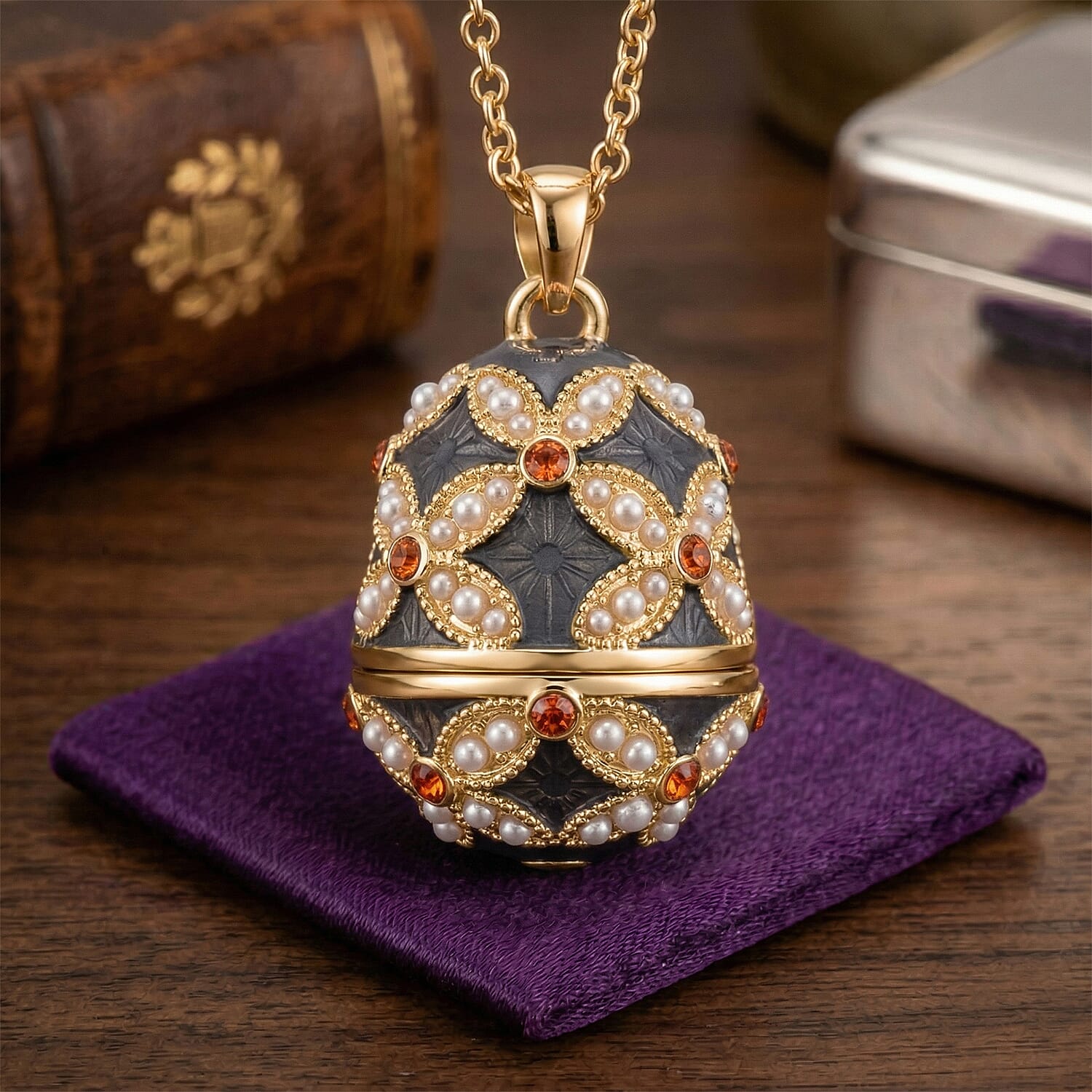 The Luxury Egg Collection - Orange Crystal & Simulated Pearl Egg Pendant with Chain (Size 24-2 Ext) - Grey