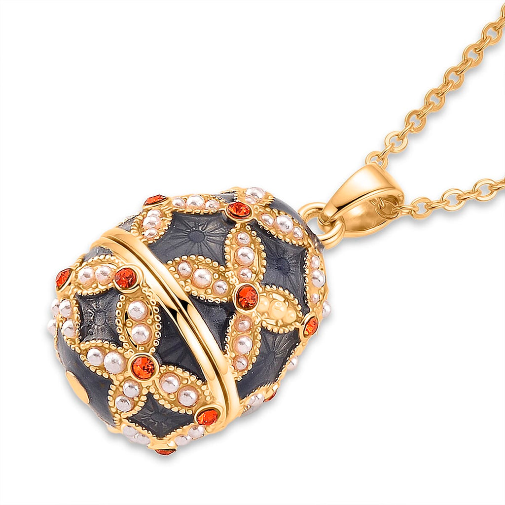 The Luxury Egg Collection - Orange Crystal & Simulated Pearl Egg Pendant with Chain (Size 24-2 Ext) - Grey