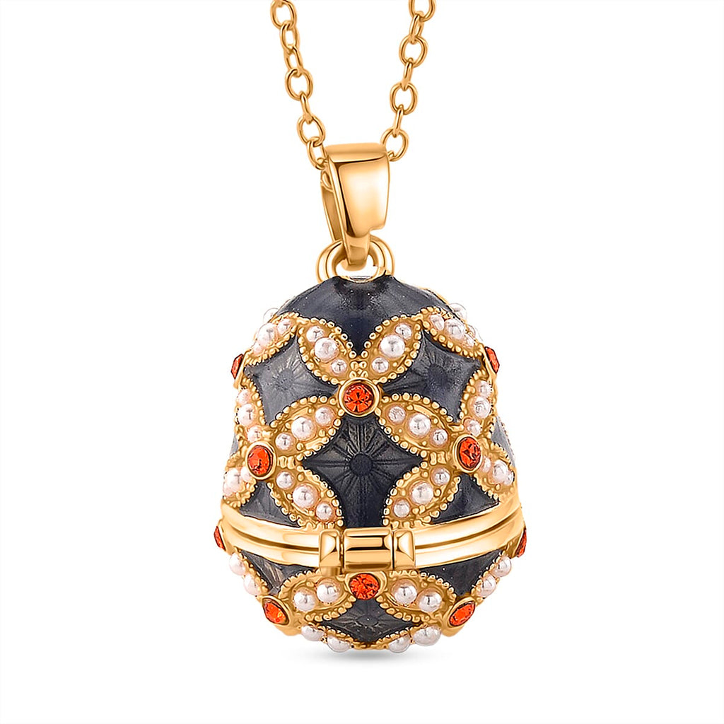 The Luxury Egg Collection - Orange Crystal & Simulated Pearl Egg Pendant with Chain (Size 24-2 Ext) - Grey