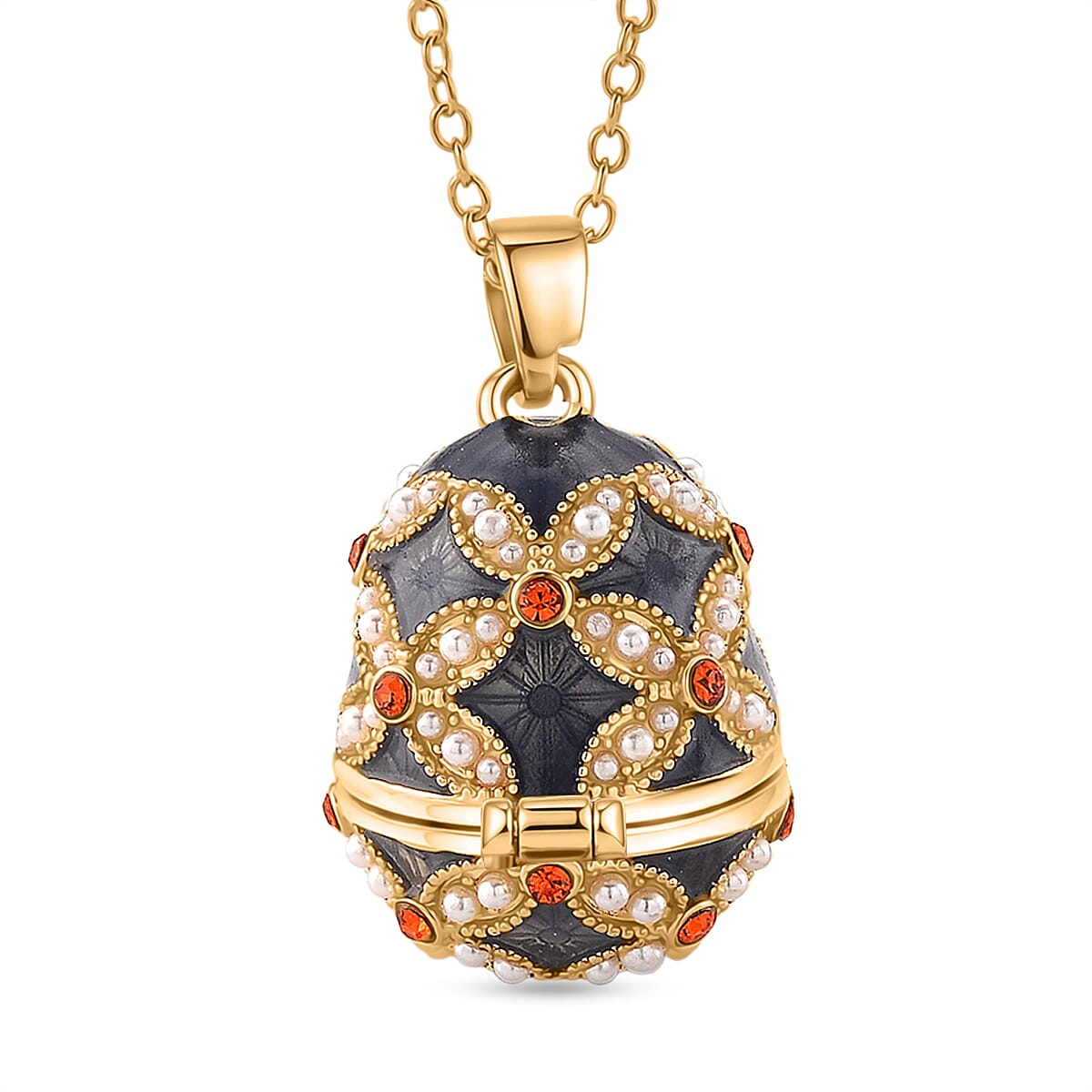 The Luxury Egg Collection - Orange Crystal & Simulated Pearl Egg Pendant with Chain (Size 24-2 Ext) - Grey