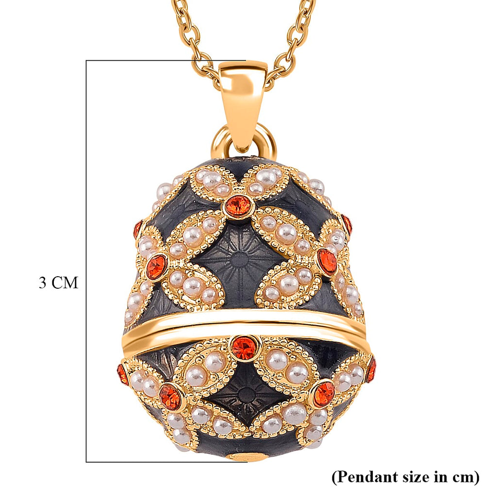 The Luxury Egg Collection - Orange Crystal & Simulated Pearl Egg Pendant with Chain (Size 24-2 Ext) - Grey