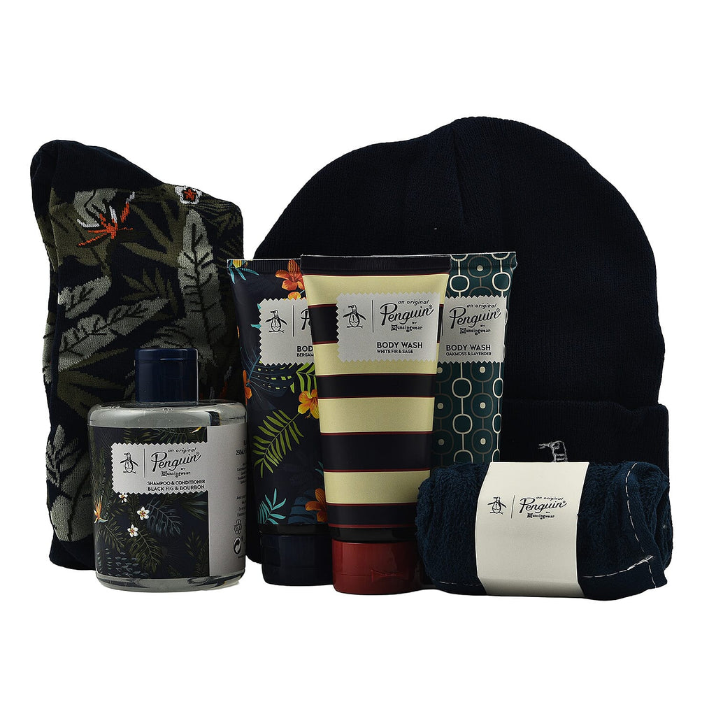 Original Penguin Bumper Box Set with 3 x 100ml Body Washes, 250ml Shampoo - Conditioner, Socks, Beanie Hat - Flannel