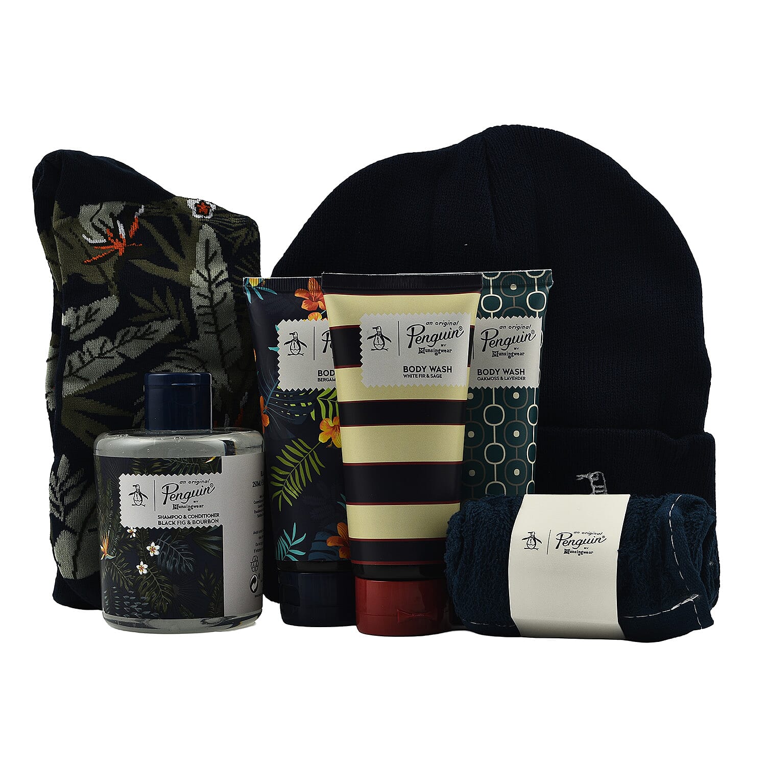 Original Penguin Bumper Box Set with 3 x 100ml Body Washes, 250ml Shampoo - Conditioner, Socks, Beanie Hat - Flannel