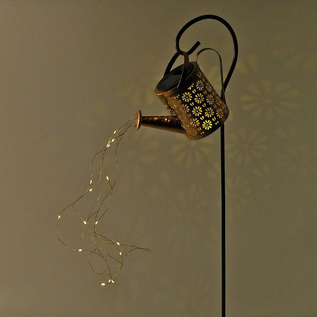 Solar Watering Can with Waterfall Fairy Light Strings - Black