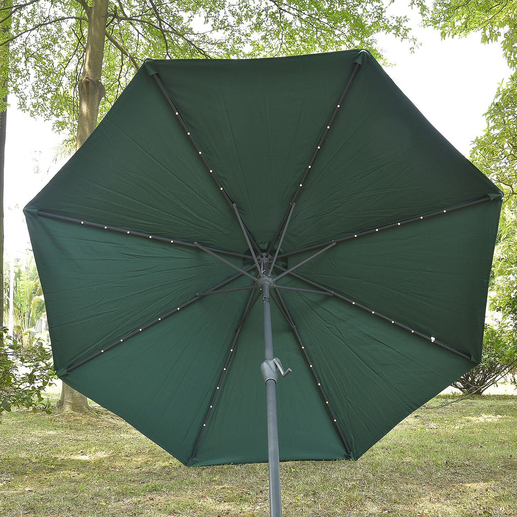 Outdoor Parasol with Solar LED Lights and Solid Base, 8 arm, 2.7m Diameter, 2.5m height - Green
