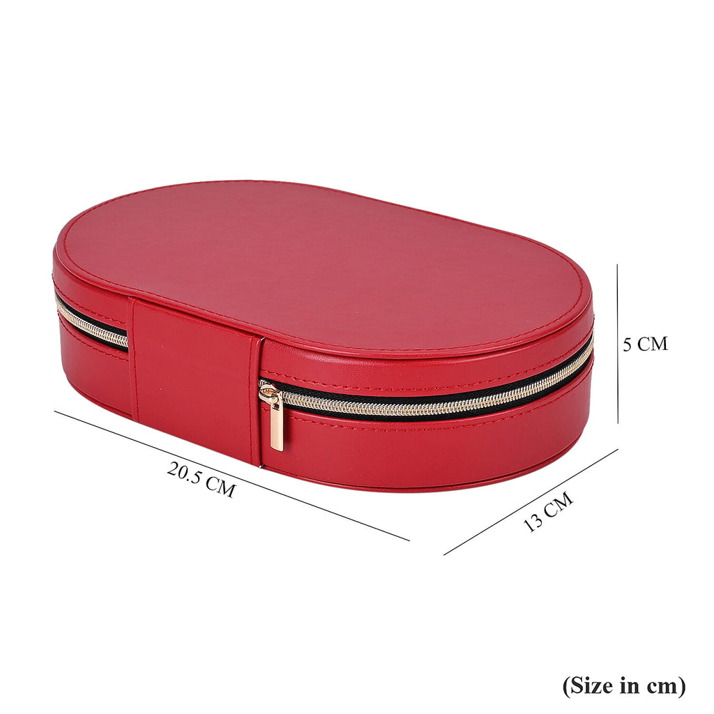 Leatherette Oval Shape Jewellery Organizer with Black Velvet Lining  - Red