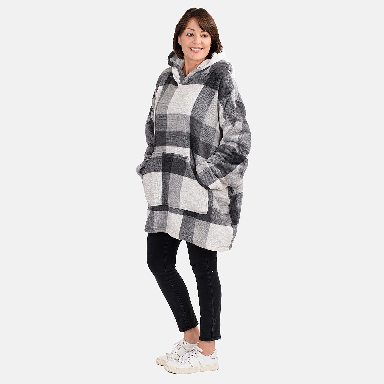 Oversized Sherpa Fleece Hoodie (One Size) - Checker