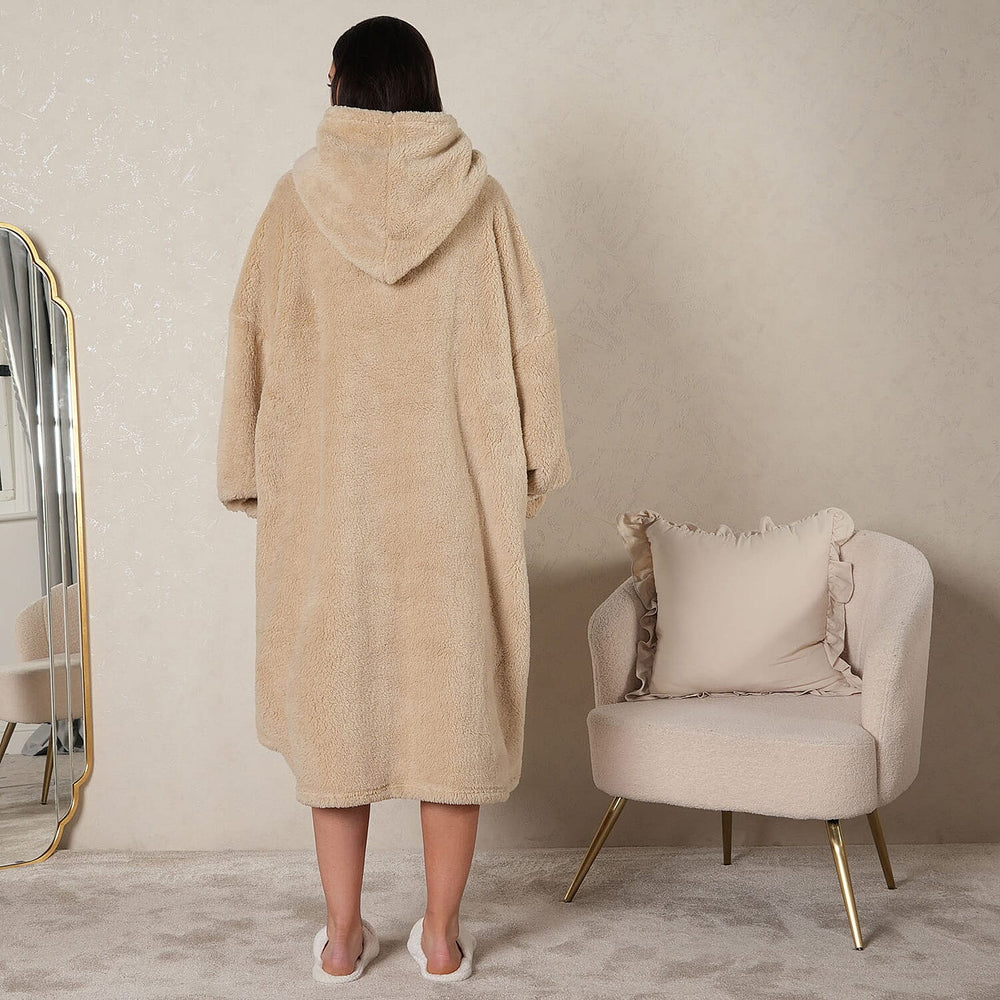 Oversized Sherpa Fleece Teddy Hoodie-Blanket - Beige