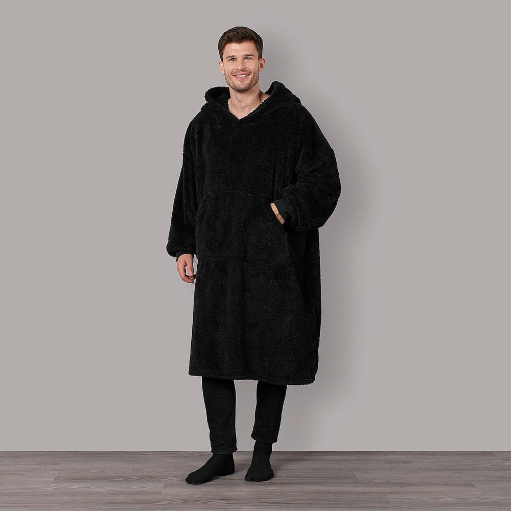 Oversized Teddy Fleece Hoodie (One Size) - Black