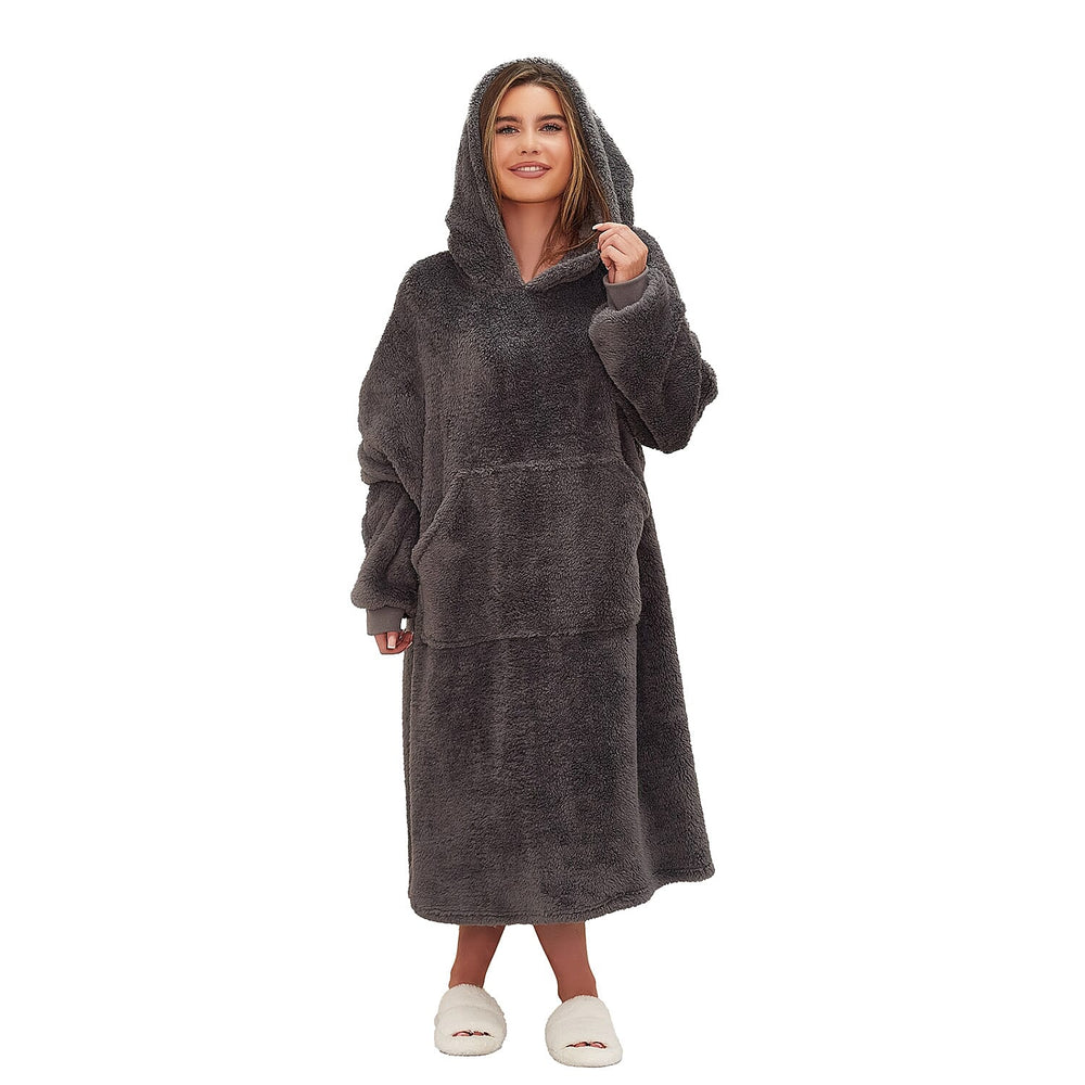 Oversized Sherpa Fleece Teddy Hoodie-Blanket  -  Charcoal
