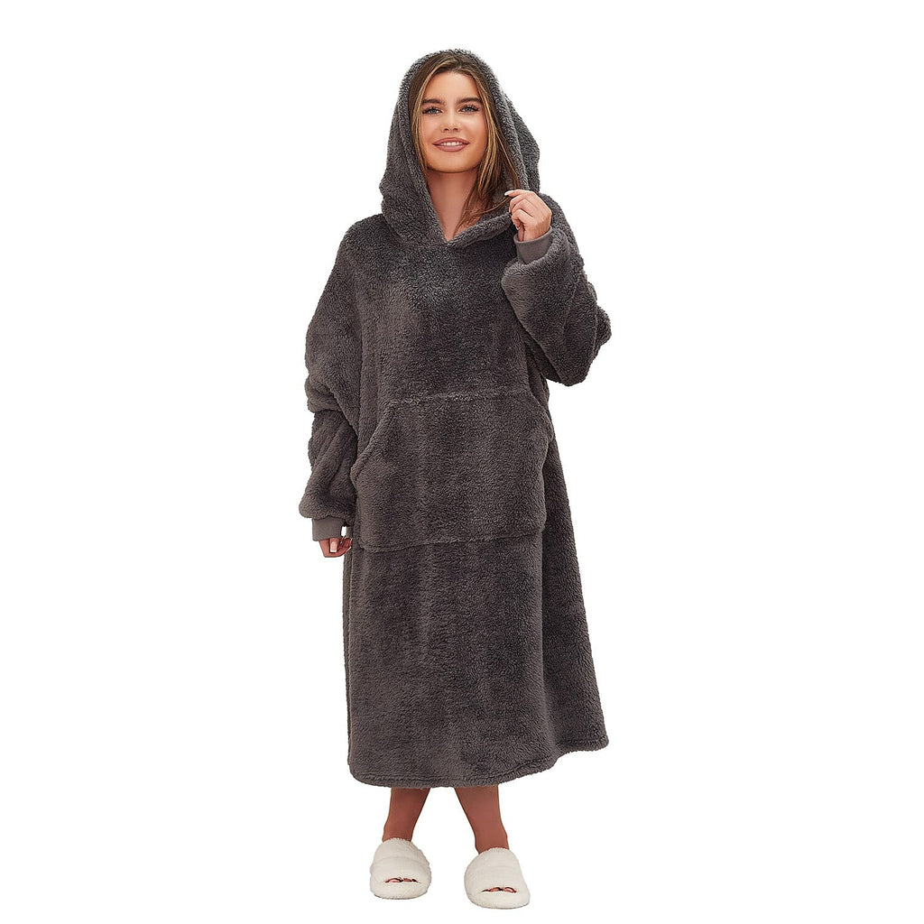 Oversized Sherpa Fleece Teddy Hoodie-Blanket  -  Charcoal