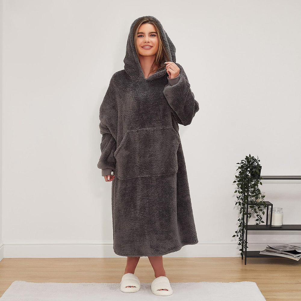Oversized Sherpa Fleece Teddy Hoodie-Blanket  -  Charcoal