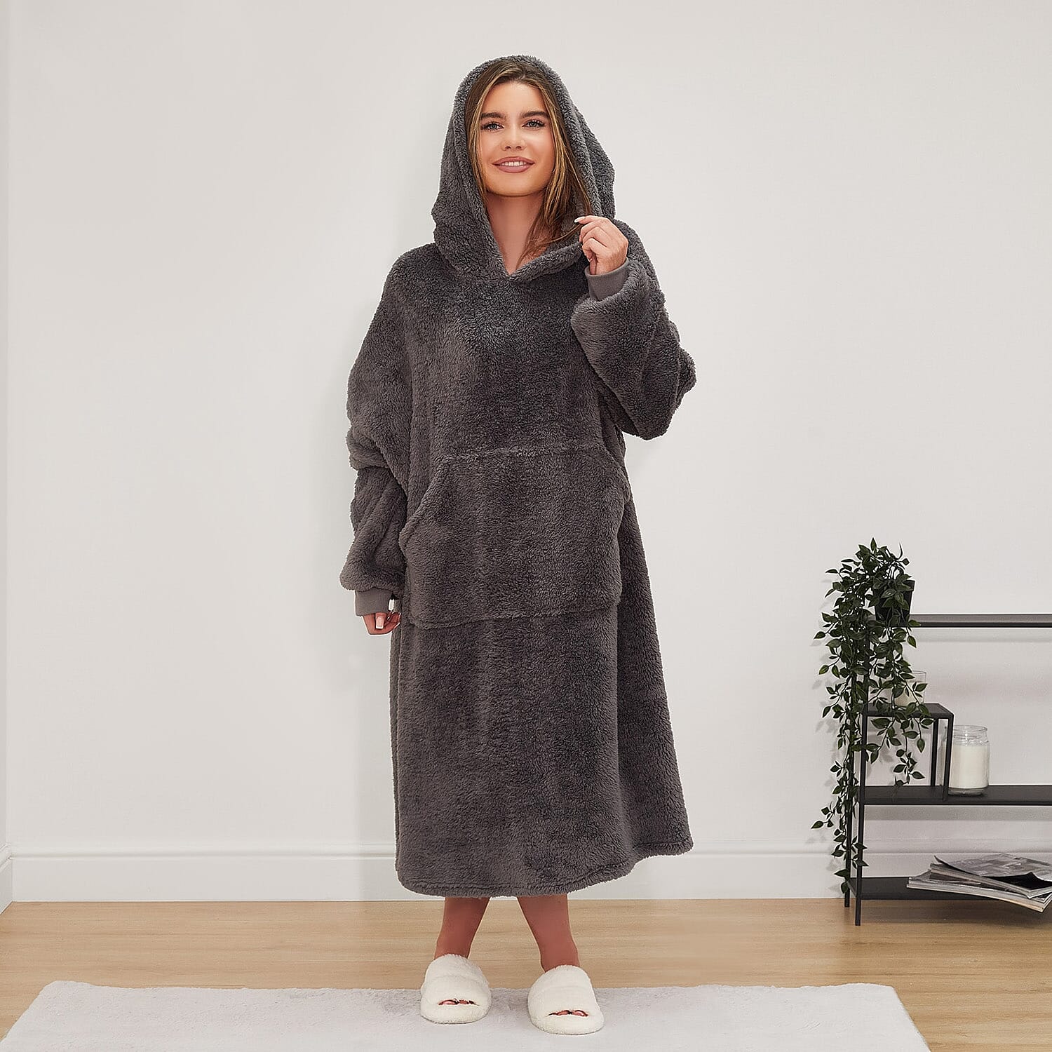 Oversized Sherpa Fleece Teddy Hoodie-Blanket  -  Charcoal