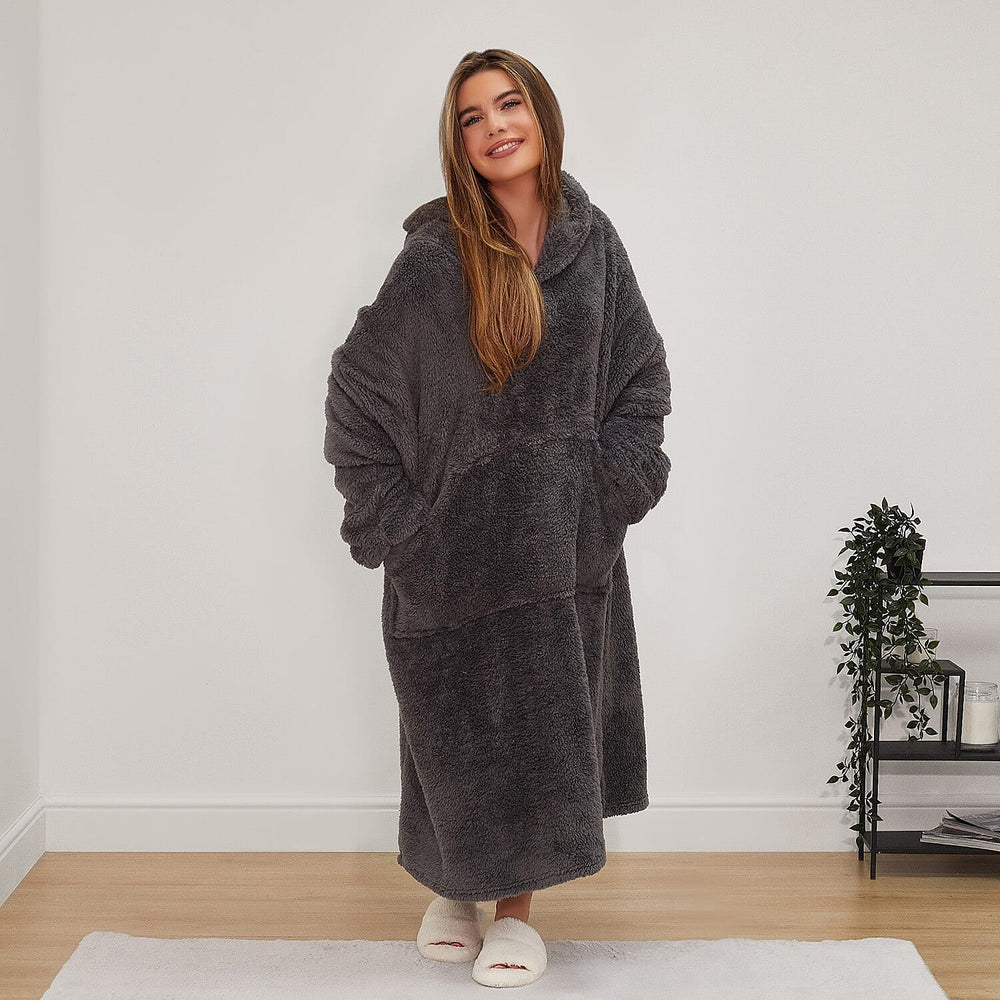 Oversized Sherpa Fleece Teddy Hoodie-Blanket  -  Charcoal