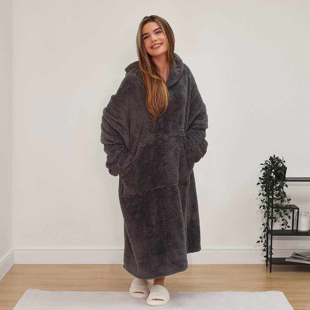 Oversized Sherpa Fleece Teddy Hoodie-Blanket  -  Charcoal