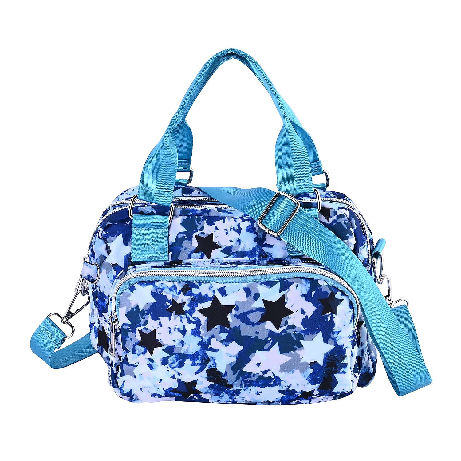 Star Pattern Crossbody Bag with 3 Zipped Exterior Pockets - Blue & Multi