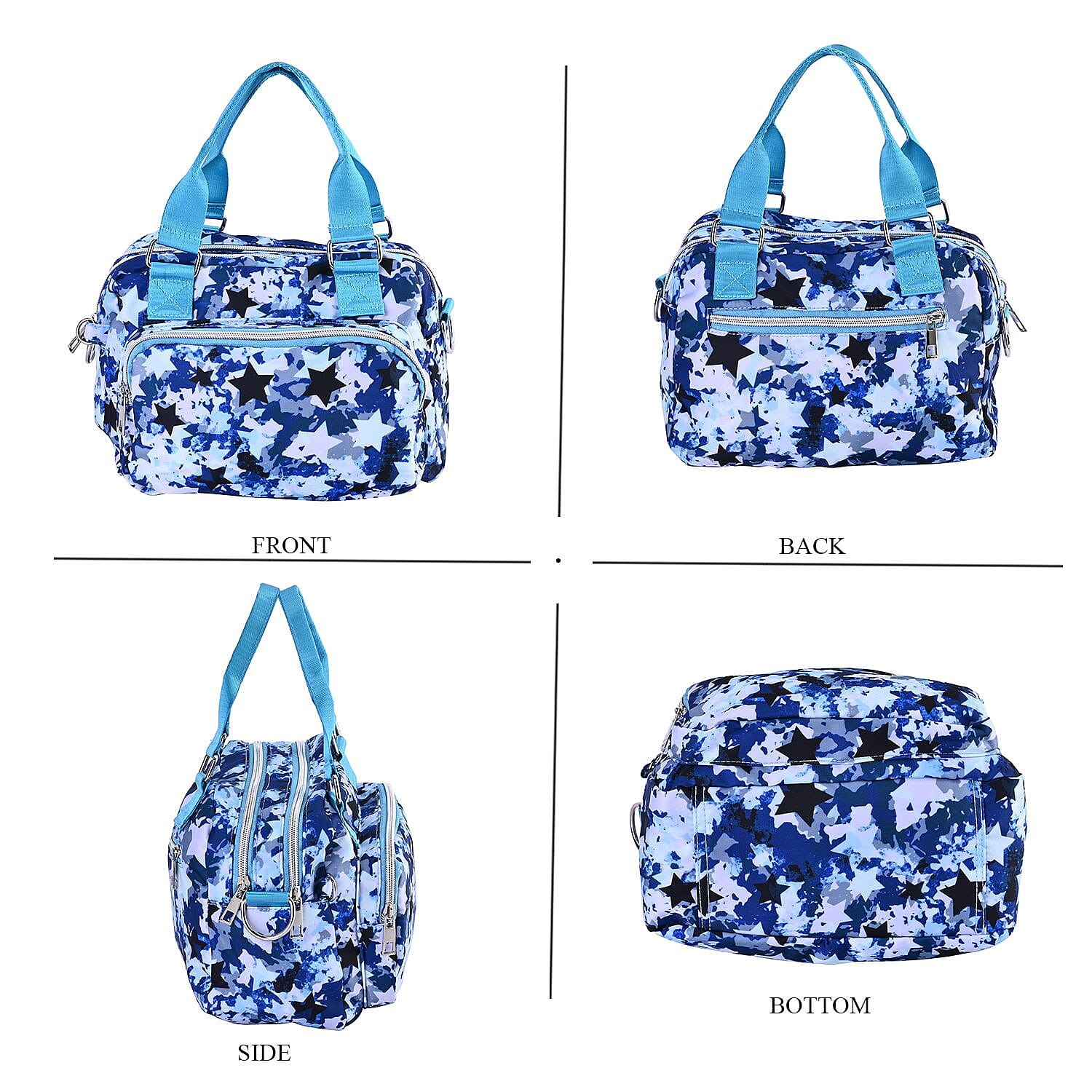 Star Pattern Crossbody Bag with 3 Zipped Exterior Pockets - Blue & Multi